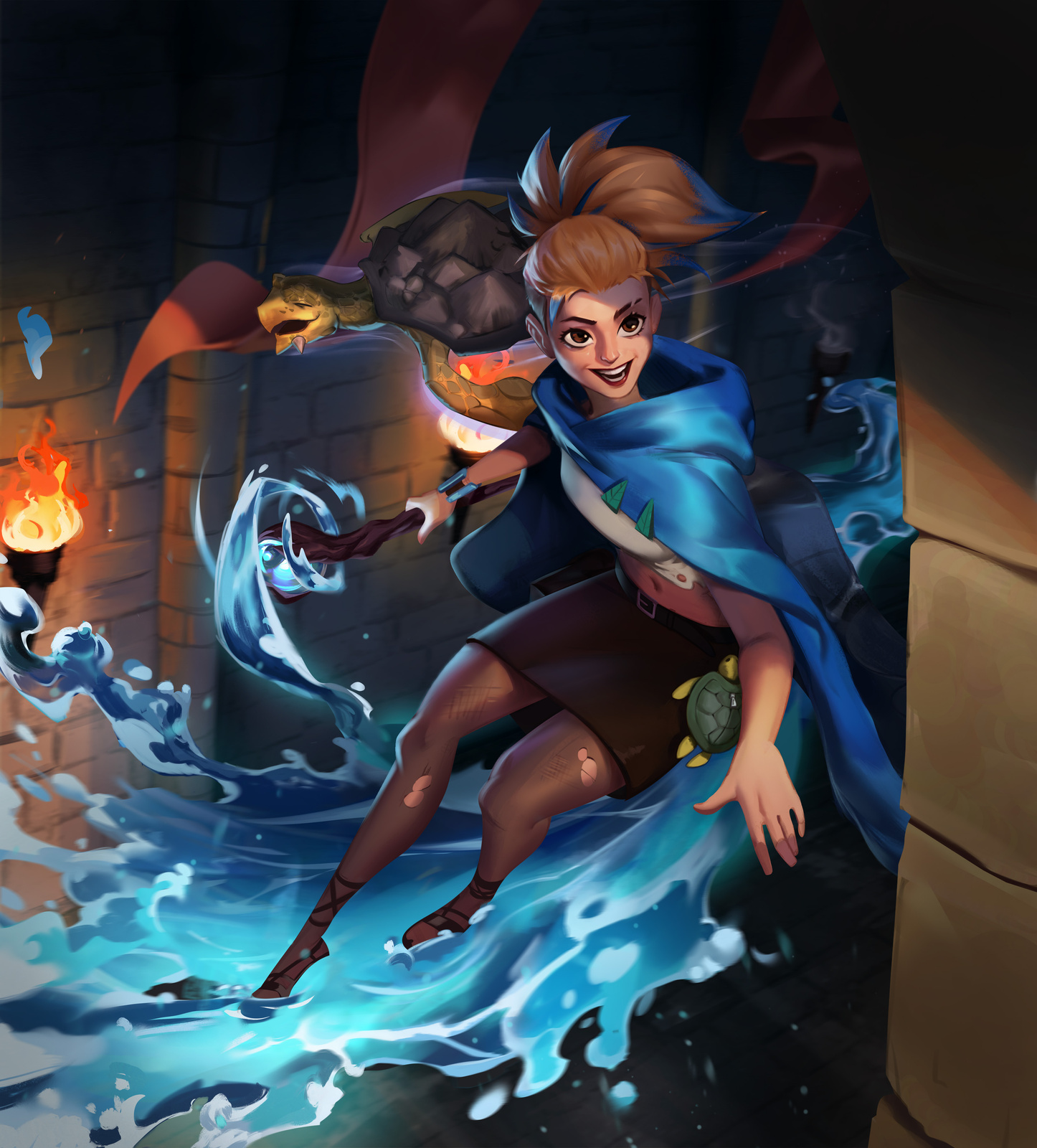 Ilustração da bruxa Maya, da Casa do Mar, conjurando magia aquática